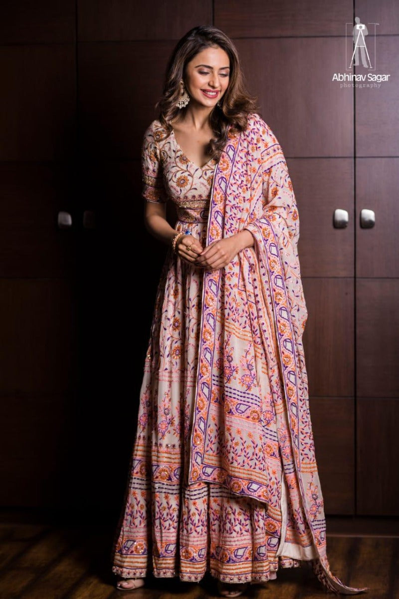 Rakul Preet glowing in one of our hand-embroidered ensembles